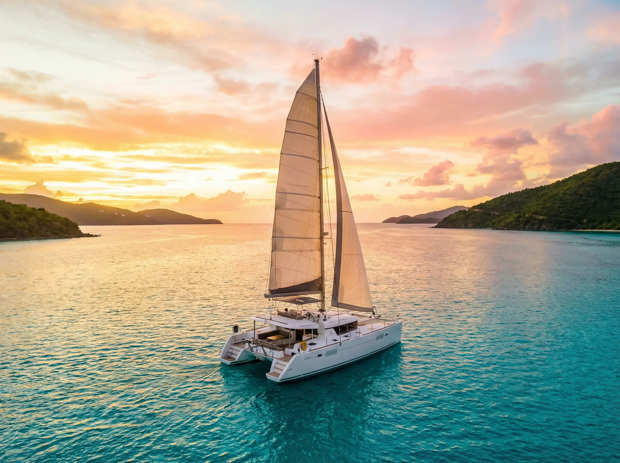 Luxury catamaran at sunset