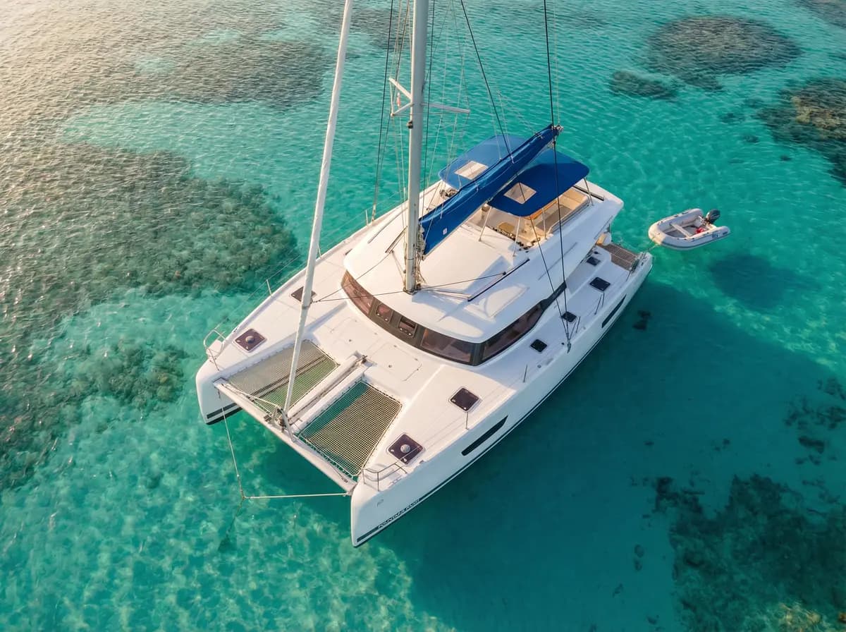Aerial view of a yacht anchored in the Seychelles