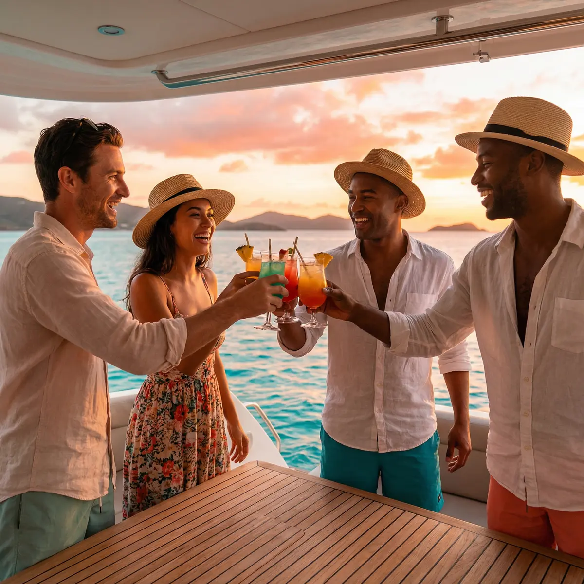 Friends watching sunset from yacht