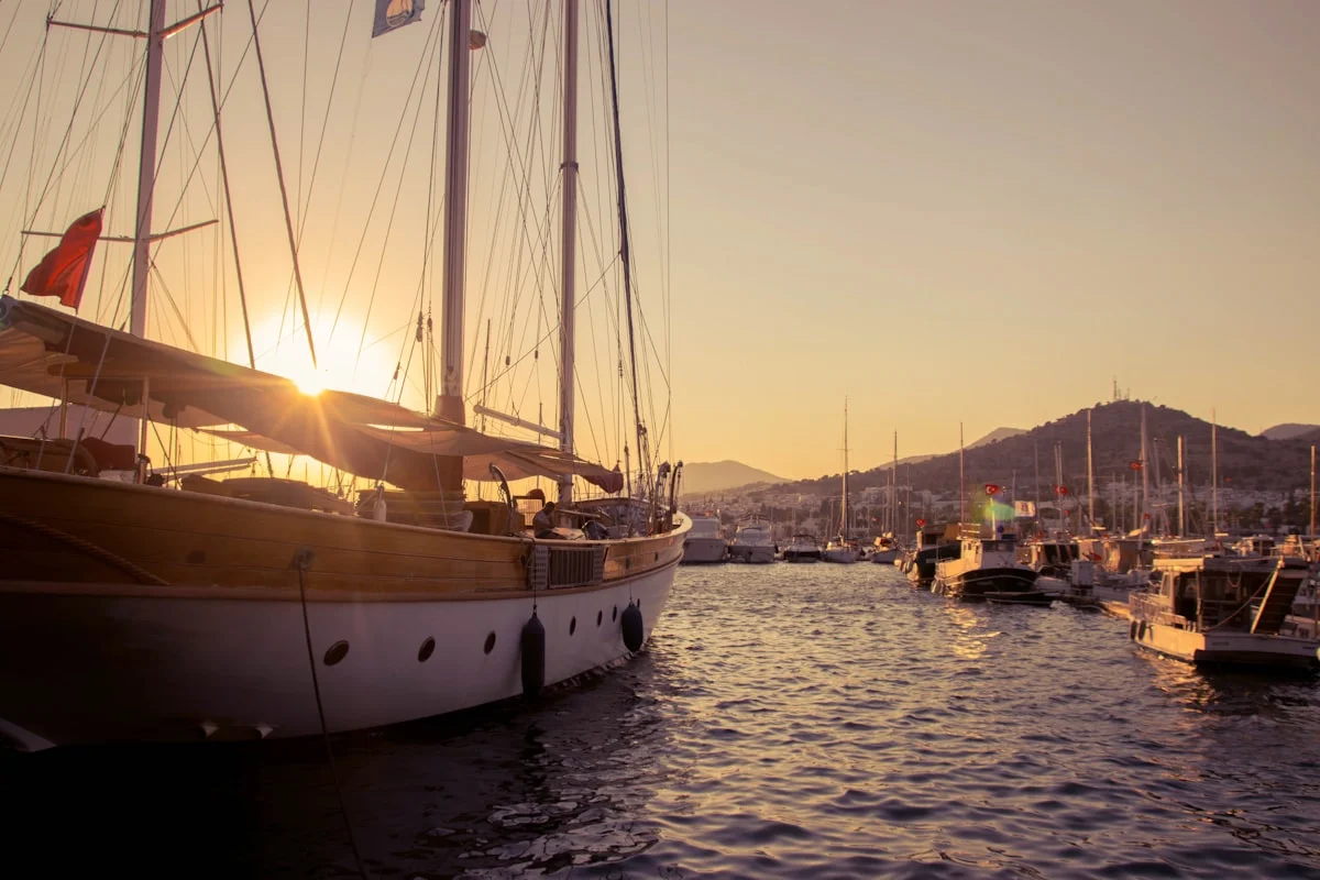 Turkish gulets in Bodrum harbor at sunset